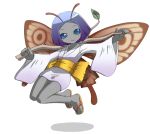  1girl antennae bangs blue_eyes branch breasts brown_wings butterfly_wings choukeshin_(megami_tensei) closed_mouth collarbone devil_summoner eyebrows eyelashes fairy flying full_body geta grey_skin holding japanese_clothes kimono leaf long_sleeves nollety obi parted_bangs purple_hair sash shadow shin_megami_tensei short_hair short_kimono simple_background small_breasts smile solid_eyes solo thigh_gap white_background white_kimono wings 