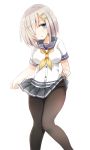  1girl black_legwear blue_eyes blue_sailor_collar breasts feet_out_of_frame full_body grey_skirt hair_ornament hair_over_one_eye hairclip hamakaze_(kantai_collection) head_tilt highres kantai_collection large_breasts lifted_by_self looking_at_viewer mazeru_(jisjifin) neckerchief pleated_skirt sailor_collar school_uniform serafuku short_hair short_sleeves silver_hair simple_background skirt skirt_lift solo standing white_background yellow_neckwear 