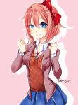  1girl artist_name blue_eyes blue_skirt bow breasts bruise clenched_hands closed_mouth commentary cowboy_shot dated doki_doki_literature_club flow_ech hair_between_eyes hair_bow hair_ornament highres injury looking_at_viewer medium_breasts outline pink_hair pleated_skirt red_bow rope_marks sayori_(doki_doki_literature_club) school_uniform short_hair simple_background skirt smile solo white_outline 