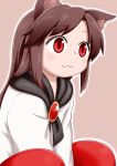  1girl :3 animal_ears blouse blush brown_background brown_hair closed_mouth commentary_request imaizumi_kagerou long_sleeves outline poronegi red_eyes red_skirt simple_background sitting skirt smile solo touhou white_blouse white_outline wolf_ears younger 
