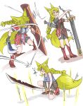  1girl :d absurdres animal_ears arrow blonde_hair boots braid commentary_request doitsuken fang faulds fox_ears fox_tail hair_between_eyes hair_over_one_eye hands_on_hilt highres holding holding_shield holding_weapon knee_boots long_hair multiple_views one_eye_covered one_knee open_mouth original parted_lips red_eyes scabbard scimitar sheath shield single_braid smile sword tail two-handed weapon 
