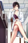  1girl baiyin black_hair bra breasts brown_eyes chair cigarette cleavage doctor door drawer feet_out_of_frame from_below hair_up hand_on_own_leg hand_up highres indoors legs_crossed medium_breasts mole mole_under_mouth original pocket purple_bra sitting solo stethoscope underwear 