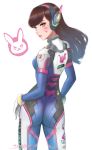  1girl artist_name ass bangs blue_bodysuit bodysuit breasts brown_eyes brown_hair character_name clothes_writing cowboy_shot d.va_(overwatch) emblem facepaint facial_mark from_behind headphones high_collar highres long_hair looking_at_viewer looking_back overwatch parted_lips pilot_suit pink_lips ribbed_bodysuit senasky shoulder_pads signature simple_background skin_tight small_breasts solo swept_bangs twisted_torso whisker_markings white_background 