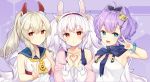  3girls :d :o anchor_symbol animal_ears ascot ayanami_(azur_lane) azur_lane bangs bare_shoulders bekotarou black_ribbon blue_eyes blue_sailor_collar breasts brown_eyes camisole closed_mouth collarbone commentary_request crown eyebrows_visible_through_hair hair_between_eyes hair_ornament hair_ribbon hairband hand_up hands_up headgear heart heart_hands jacket javelin_(azur_lane) laffey_(azur_lane) light_brown_hair long_hair long_sleeves medium_breasts mini_crown multiple_girls off_shoulder open_mouth parted_lips pink_jacket ponytail print_neckwear purple_hair rabbit_ears red_eyes red_hairband ribbon sailor_collar school_uniform serafuku shirt silver_hair sleeveless sleeveless_shirt smile star twintails v very_long_hair white_camisole white_shirt yellow_neckwear 