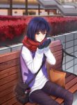  1girl bag baiyin black_gloves black_pants blue_eyes blue_hair blurry blurry_background day gloves hair_between_eyes handbag hands_up highres jacket looking_at_viewer open_mouth original outdoors pants paper_bag red_scarf scarf scenery short_hair sitting_on_bench upper_body 