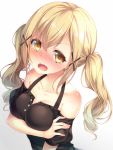  1girl bang_dream! bare_shoulders blonde_hair blush breasts brown_eyes chiyonekoko cleavage collarbone commentary_request embarrassed fangs hair_between_eyes hair_ornament ichigaya_arisa long_hair looking_at_viewer medium_breasts off_shoulder open_mouth twintails upper_body x_hair_ornament 