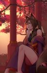  1girl animal_ears bare_shoulders brown_eyes brown_hair chin_rest commission fox_ears highres japanese_clothes kiyone less light_smile long_hair original outdoors pillar ponytail rope shimenawa side_slit sitting solo stairs 