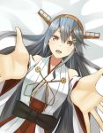  1girl :d bare_shoulders black_hair breasts brown_eyes close-up commentary_request detached_sleeves eyebrows_visible_through_hair from_above grey_hair hair_between_eyes hair_ornament hairband hairclip haruna_(kantai_collection) headgear highres kantai_collection large_breasts long_hair looking_at_viewer looking_up negahami nontraditional_miko open_mouth outstretched_arms reaching remodel_(kantai_collection) revision smile solo 