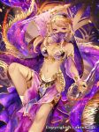  1girl armlet belly_chain blonde_hair bracelet breasts company_name dragon_tactics dual_wielding head_chain holding holding_weapon jewelry long_hair looking_at_viewer medium_breasts mole mole_under_eye natsuiro_xx navel official_art original see-through small_breasts solo violet_eyes weapon 