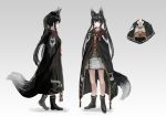  1girl animal_ears ankle_boots bangs black_cape black_hair blue_eyes blush boots cape closed_mouth expressionless fox_ears fox_girl fox_tail gradient gradient_background inabi japanese_clothes looking_at_viewer multiple_views obi original profile sash standing tail twintails 