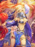  1girl arabian_clothes armlet belly_chain blonde_hair bracelet breasts cleavage company_name detached_sleeves dragon_tactics green_eyes harem_outfit jewelry long_hair looking_at_viewer medium_breasts mole mole_under_eye natsuiro_xx navel official_art open_mouth original pelvic_curtain see-through smile solo thigh_strap veil 