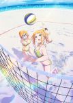  2girls beach beach_volleyball bikini blonde_hair blue_eyes bracelet breasts claire_thomas clouds emily_thomas glasses harukana_receive highres jewelry jumping legs lens_flare medium_breasts multiple_girls navel o-ring_bikini ocean official_art open_mouth outstretched_arm ponytail sand semi-rimless_eyewear sky swimsuit volleyball_net watch 