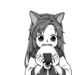  1girl animal_ears biting blouse commentary_request eating eyebrows_visible_through_hair food greyscale holding holding_food imaizumi_kagerou long_hair long_sleeves monochrome onigiri poronegi simple_background solo teeth touhou upper_body white_background wolf_ears younger 