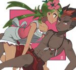  1boy 1girl abs all_fours arm_support artist_logo assertive bangs bare_arms bare_legs black_hair blush chest closed_mouth collarbone dark_skin dark_skinned_male eye_contact face-to-face flower girl_on_top green_eyes green_hair hair_flower hair_ornament imminent_kiss kaki_(pokemon) leaning_back long_hair looking_at_another low_twintails mallow_(pokemon) masso_n multicolored_eyebrows multicolored_hair navel off_shoulder overalls pink_shirt pokemon pokemon_(game) pokemon_sm red_shorts redhead shiny shiny_hair shirt shirtless short_hair shorts sitting smile spiky_hair stomach sweat sweatdrop swept_bangs toned trial_captain twintails two-tone_hair very_long_hair 