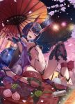  1girl alcohol barefoot_sandals breasts commentary_request cup fangs fate/grand_order fate_(series) fireworks food highres horns japanese_clothes kakumayu kimono looking_at_viewer night night_sky oni oni_horns open_clothes open_kimono open_mouth purple_hair sakazuki sake short_hair shuten_douji_(fate/grand_order) sky small_breasts violet_eyes 