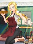  1girl :d apron blonde_hair blue_eyes braid chair coffee_mug cup diana_caprice glasses head_tilt highres holding holding_tray logo long_hair looking_at_viewer mug official_art open_mouth pants plate sakura_taisen sakura_taisen_v sega sidelocks single_braid smile solo spoon sugar_cube table tray yuasa_tsugumi 