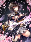  1girl armor armored_dress bangs black_armor black_dress black_gloves black_hair black_legwear bow breasts cherry_blossoms cleavage commentary_request dress erika_(shadowverse) eyebrows_visible_through_hair flower gloves hakuda_tofu holding holding_sword holding_weapon katana large_breasts looking_at_viewer parted_lips petals pink_flower shadowverse short_dress short_hair solo sword thigh-highs v-shaped_eyebrows vambraces violet_eyes weapon white_bow 