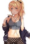  1girl ayase_eli black_bow black_pants blonde_hair blue_eyes blue_jacket blush bow bra breasts cleavage commentary_request earphones earphones grey_bra hair_between_eyes hair_bow jacket long_sleeves love_live! love_live!_school_idol_project medium_breasts midriff mogu_(au1127) navel open_mouth pants ponytail print_pants removing_jacket sidelocks simple_background solo sports_bra star star_print sweat track_jacket underwear white_background 