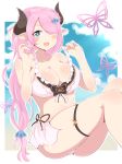  1girl :d arlonn bare_arms bare_shoulders bikini black_ribbon blue_sky blush body_blush breasts bug butterfly cleavage clouds day draph feet_out_of_frame frilled_bikini_top granblue_fantasy hair_ornament hair_over_one_eye hairpin hands_up highres horns insect knees_together_feet_apart large_breasts lifted_by_self long_hair low-tied_long_hair narmaya_(granblue_fantasy) open_mouth outside_border pink_hair pink_pupils ponytail ribbon shiny shiny_hair sitting sky smile solo stomach strap_lift swimsuit tareme thigh_strap very_long_hair white_bikini 