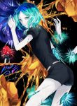  2others amputee androgynous bangs black_background black_neckwear blue_hair cracked disembodied_limb facing_away gem_uniform_(houseki_no_kuni) green_eyes green_hair highres houseki_no_kuni looking_at_viewer mm0905 multicolored_hair necktie open_mouth phosphophyllite redhead shinsha_(houseki_no_kuni) short_hair short_sleeves shorts uniform 