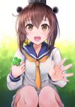  1girl :d brown_eyes brown_hair clover commentary_request four-leaf_clover holding kantai_collection looking_at_viewer open_mouth school_uniform serafuku smile solo squatting yukikaze_(kantai_collection) yunamaro 