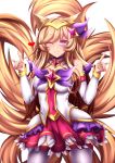  1girl ;d \m/ ahri animal_ears breasts cleavage commentary detached_sleeves double_\m/ fi-san fox_ears fox_girl frilled_skirt frills hairband heart highres league_of_legends light_brown_hair long_hair looking_at_viewer magical_girl multiple_tails nail_polish one_eye_closed open_mouth pantyhose pose simple_background skirt smile solo star_guardian_ahri tail violet_eyes white_background white_legwear 
