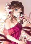  1girl ancotaku artist_name bare_shoulders blue_eyes blurry blurry_background blurry_foreground blush breasts brown_hair cherry_blossoms cleavage closed_mouth collarbone commentary_request depth_of_field dress eyes_visible_through_hair flower focused fringe hair_between_eyes hair_flower hair_ornament hand_up highres holding holding_branch holding_flower leaf lens_flare light_particles looking_at_viewer medium_breasts medium_hair nail_polish off-shoulder_dress off_shoulder original pink_dress pink_flower pink_nails shiny shiny_hair signature sitting smile solo tareme upper_body water_drop wet white_flower 
