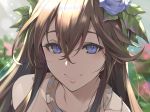  1girl :&gt; bare_shoulders blue_eyes blue_flower brown_hair closed_mouth commentary_request crossed_bangs day flower granblue_fantasy hair_between_eyes hair_flower hair_ornament highres jewelry kakage light_rays long_hair looking_at_viewer necklace outdoors rosetta_(granblue_fantasy) smile solo sunbeam sunlight upper_body 