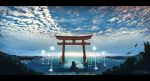  1girl animal_ears blue_sky clouds cloudy_sky commentary_request day facing_viewer floating_hair fox_ears fox_tail from_behind grey_hair inabi ocean original outdoors scenery sky solo standing tail torii water_surface 