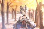  1girl autumn_leaves bangs bare_shoulders blurry blush closed_mouth collarbone day depth_of_field erune eyebrows_visible_through_hair granblue_fantasy grey_eyes grey_hair hand_up highres long_sleeves looking_at_viewer mole mole_under_mouth myusha outdoors short_hair smile solo sutera_(granblue_fantasy) 