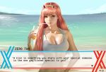  1girl beach bikini bikini_top blue_sky breasts cleavage cup darling_in_the_franxx drinking_straw horns lake looking_at_viewer pink_hair raphire realistic sky solo swimsuit upper_body zero_two_(darling_in_the_franxx) 
