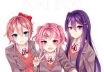  3girls :d blue_eyes bow doki_doki_literature_club fang flow_ech hair_between_eyes hair_bow hair_ornament hair_ribbon hairclip long_hair looking_at_viewer multiple_girls natsuki_(doki_doki_literature_club) open_mouth parted_lips pink_eyes pink_hair purple_hair red_bow red_ribbon ribbon sayori_(doki_doki_literature_club) school_uniform short_hair simple_background smile two_side_up v violet_eyes white_background yuri_(doki_doki_literature_club) 