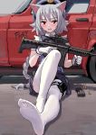  1girl animal_ears artist_name beret blue_hat blue_skirt blue_vest blush braid bullet cartridge cat_ears eyebrows_visible_through_hair fang feet fkey floor gloves grey_background gun hat highres holding holding_gun holding_weapon holster knee_up long_hair miniskirt no_shoes open_mouth original pantyhose pleated_skirt red_eyes rifle shirt short_sleeves signature silver_hair sitting skirt solo thigh_holster v-shaped_eyebrows vehicle very_long_hair vest weapon white_gloves white_legwear white_shirt wing_collar 