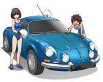  2girls black_eyes blue_footwear blue_swimsuit brown_hair car closed_mouth commentary_request dark_skin girls_und_panzer ground_vehicle helmet holding hoshino_(girls_und_panzer) looking_at_viewer motor_vehicle multiple_girls one-piece_swimsuit open_mouth renault_alpine_a110 school_swimsuit shadow shoes short_hair simple_background smile sneakers standing suzuki_(girls_und_panzer) swimsuit uona_telepin white_background 