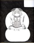  1girl :3 animal_ears ball barefoot black_background bow bowtie cat_ears cat_tail chen closed_eyes closed_mouth ears_down exercise_ball eyebrows_visible_through_hair facing_viewer greyscale indian_style long_sleeves meditation monochrome multiple_tails nekomata ok_sign poronegi short_hair sitting smile solo tail touhou traditional_media two_tails vest 