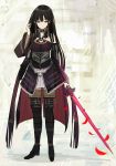  1girl black_hair black_legwear boots closed_mouth dress hand_up holding holding_sword holding_weapon inabi long_sleeves looking_at_viewer original petals purple_dress red_eyes sash short_dress solo standing sword thigh-highs thigh_boots weapon wide_sleeves 
