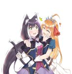  2girls ^_^ ahoge animal_ears bare_shoulders black_hair cat_ears cat_tail closed_eyes fang green_eyes hand_on_hip heart kuro_emimi kyaru_(princess_connect) long_hair multiple_girls pecorine princess_connect! princess_connect!_re:dive surprised tail tail_grab tearing_up tiara 