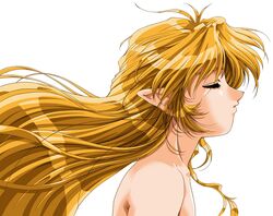  1girl 90s blonde_hair closed_eyes kono_yo_no_hate_de_koi_wo_utau_shoujo_yu-no long_hair nagaoka_yasuchika official_art pointy_ears profile simple_background solo upper_body white_background yu-no 