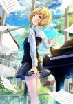  1girl :o black_skirt black_vest blonde_hair blush building city commentary_request eyebrows_visible_through_hair from_side green_eyes highres indoors instrument kazuharu_kina long_sleeves looking_at_viewer looking_to_the_side miniskirt motion_blur neck_ribbon official_art open_mouth original piano pleated_skirt ribbon sheet_music shiny shiny_hair shirt short_hair signature skirt solo standing tree vest white_shirt wind window yellow_neckwear yellow_ribbon 
