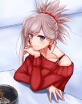  1girl alternate_costume blush chopsticks earrings eyes_visible_through_hair fate/grand_order fate_(series) hand_on_own_chin highres jewelry miyamoto_musashi_(fate/grand_order) nagishy ponytail red_sweater scrunchie simple_background sitting sitting_on_table spaghetti_strap sweater 