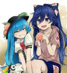  2girls :d bangle black_hat blouse blue_bow blue_eyes blue_hair blue_skirt blush bow bracelet closed_eyes collarbone commentary_request debt eyebrows_visible_through_hair facing_another food frilled_blouse fruit gradient gradient_background grey_hoodie grin hair_between_eyes hair_bow hat hinanawi_tenshi holding holding_fruit hood hoodie jewelry leaf long_hair multiple_girls neck_bow open_mouth peach puffy_short_sleeves puffy_sleeves red_bow red_neckwear short_sleeves skirt smile touhou two-tone_background tyouseki v_arms very_long_hair white_background white_blouse yellow_background yorigami_shion 