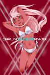  1girl armpits bikini breasts commentary_request darling_in_the_franxx eyebrows_visible_through_hair front-tie_bikini front-tie_top green_eyes highres horns jumping long_hair marine_(1894271) navel open_mouth pink_hair red_skin side-tie_bikini solo swimsuit white_bikini zero_two_(darling_in_the_franxx) 