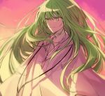  1other androgynous bangs citron_82 closed_mouth collarbone commentary_request enkidu_(fate/strange_fake) eyebrows_visible_through_hair fate/strange_fake fate_(series) green_eyes green_hair hair_between_eyes half-closed_eyes jewelry light_smile long_hair long_sleeves looking_afar looking_away necklace orange_sky outdoors raised_eyebrows robe shiny shiny_hair sky solo sunlight sunset upper_body very_long_hair white_robe 