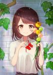  1girl bangs bow eyebrows_visible_through_hair flower hair_over_shoulder looking_at_viewer omelet_tomato original plant rain red_bow school_uniform sleeves_rolled_up smile solo tears upper_body wall wet yellow_eyes 