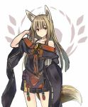  1girl animal_ears bare_shoulders blonde_hair brown_eyes closed_mouth commentary_request cowboy_shot eyebrows_visible_through_hair fox_ears fox_tail hand_up inabi japanese_clothes long_sleeves looking_at_viewer o-ring original solo standing tail tassel wide_sleeves 