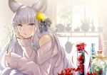  1girl absurdres animal_ears backlighting bangs bare_shoulders blue_eyes blush bottle braid branch casual chin_rest day erune eyebrows_visible_through_hair granblue_fantasy grey_sweater hair_ornament hair_ribbon highres holding huge_filesize indoors korwa long_hair looking_at_viewer myusha off-shoulder_sweater off_shoulder open_mouth plant potted_plant ribbon silver_hair solo sweater tsurime very_long_hair 