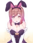  1girl :o animal_ears arm_cuffs bangs black_leotard black_neckwear bow bowtie breasts brown_hair bunnysuit cleavage detached_collar double-breasted elbow_gloves eyebrows_visible_through_hair fake_animal_ears gloves highres kanabun kunikida_hanamaru large_breasts leotard looking_at_viewer love_live! love_live!_sunshine!! rabbit_ears solo strapless strapless_leotard upper_body white_background white_gloves yellow_eyes yellow_neckwear 