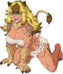  1girl aeode all_fours animal_ears animal_print barefoot blonde_hair borrowed_character breasts brown_hair claws cleavage commentary commission dark_skin english_commentary eyebrows_visible_through_hair full_body fur green_eyes highres large_breasts leopard_print lion_ears lion_tail long_hair messy_hair monster_girl multicolored_hair muscle muscular_female original paws solo spike_wible strapless tail thick_thighs thighs transparent_background tubetop two-tone_hair 