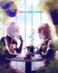  2boys armor brown_hair closed_eyes coffee fingerless_gloves gloves granblue_fantasy hanging_plant highres lucifer_(shingeki_no_bahamut) male_focus multiple_boys myusha sandalphon_(granblue_fantasy) short_hair smile table white_hair 