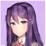  1girl character_name commentary doki_doki_literature_club english_commentary eyebrows_visible_through_hair hair_between_eyes hair_ornament hairclip long_hair looking_at_viewer outline portrait purple_background purple_hair sasoura signature simple_background smile solo violet_eyes white_outline yuri_(doki_doki_literature_club) 